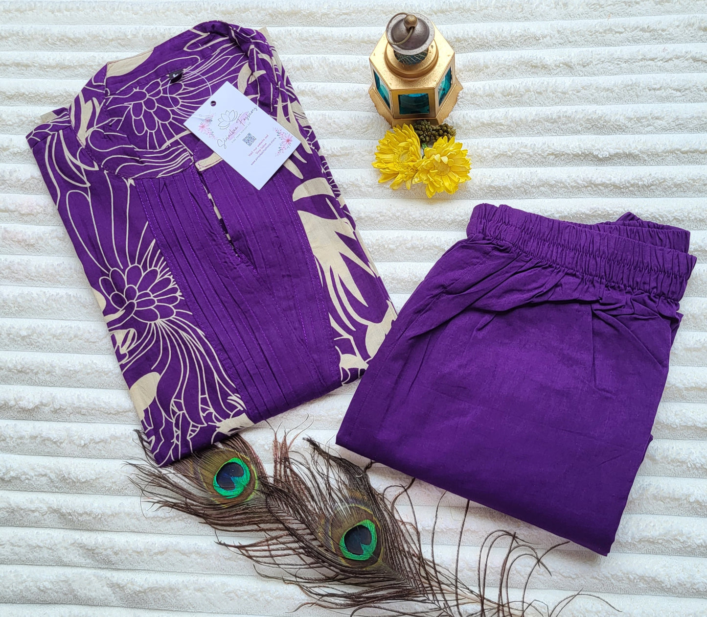 Purple Floral Printed Kurta with Solid Matching Pants