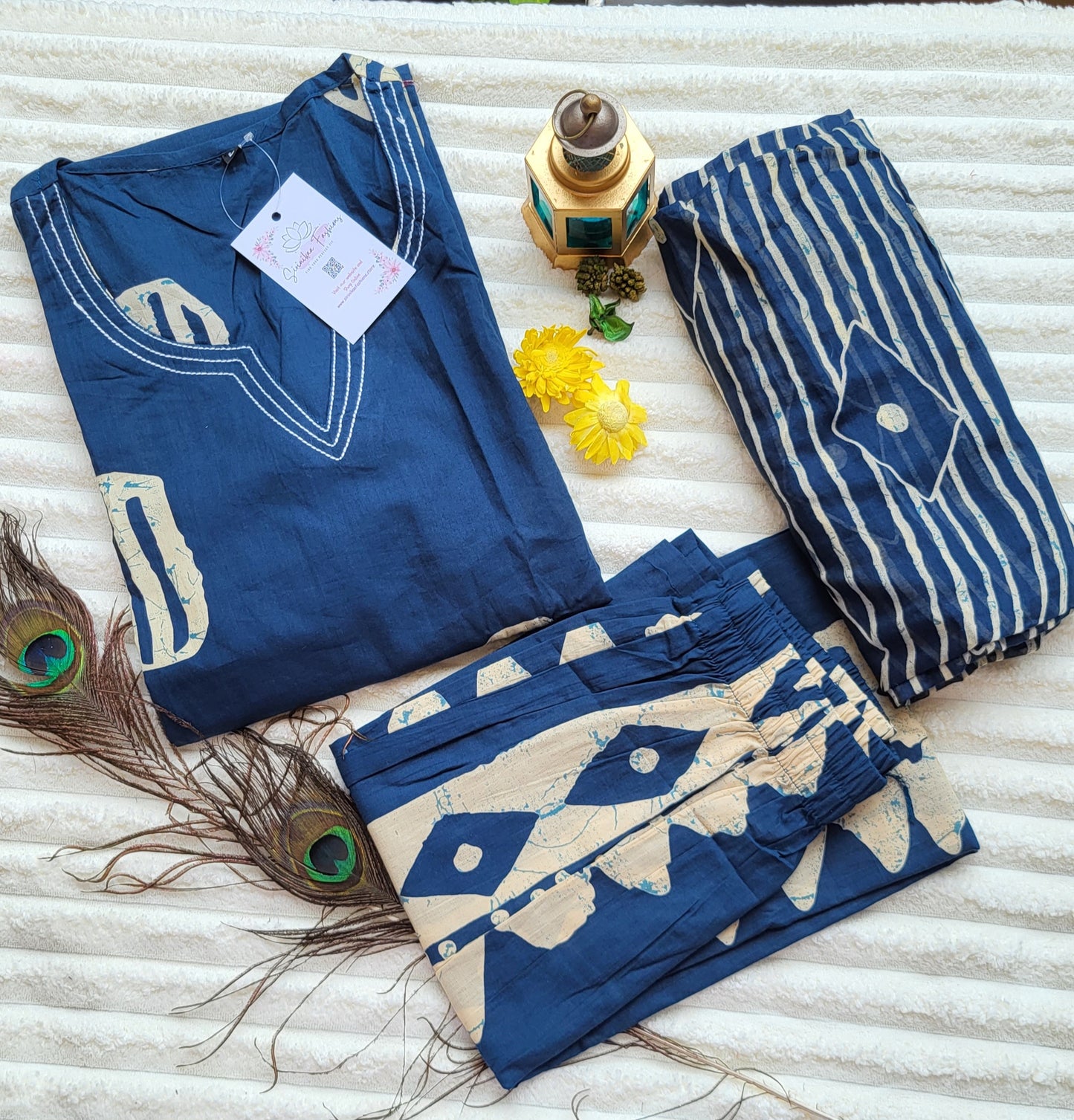 Navy Blue Handblock Printed Cotton Kurta Set with Dupatta
