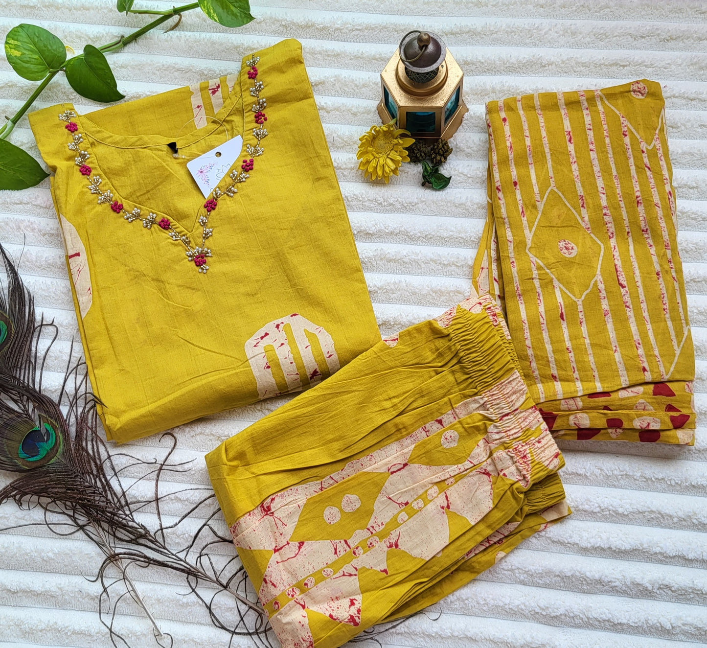 Mustard Yellow Handblock Print Cotton Suit Set with Embroidered Neckline
