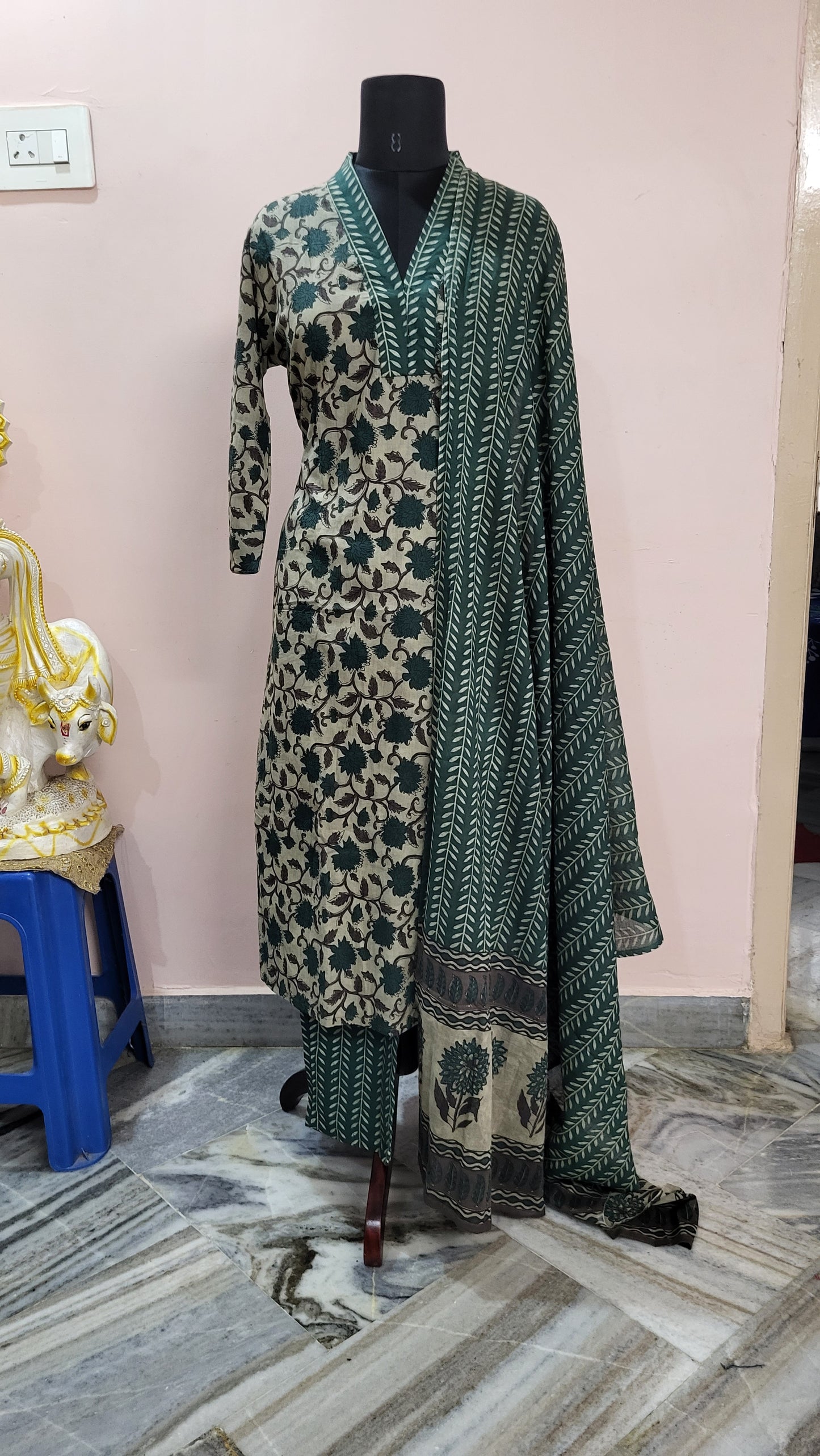 Elegant Green & Beige Floral Printed Cotton Suit Set with Dupatta
