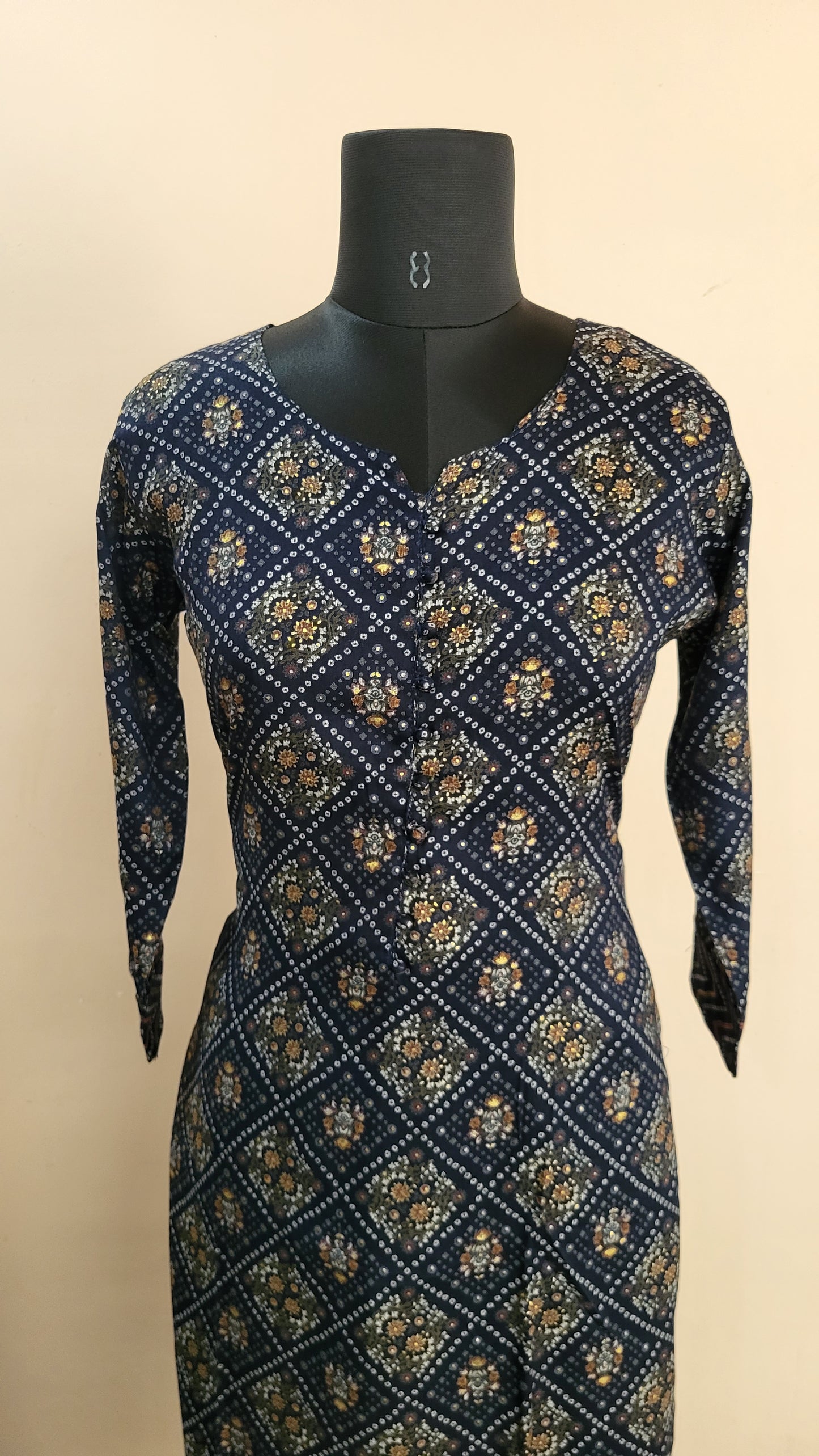 Navy Blue Printed Kurta with Chevron Print Pants