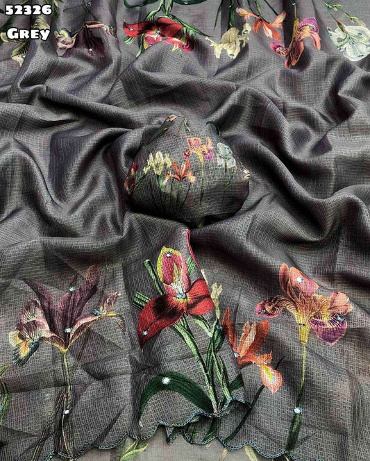 Elegant Grey Floral Printed Organza Saree with Scalloped Border