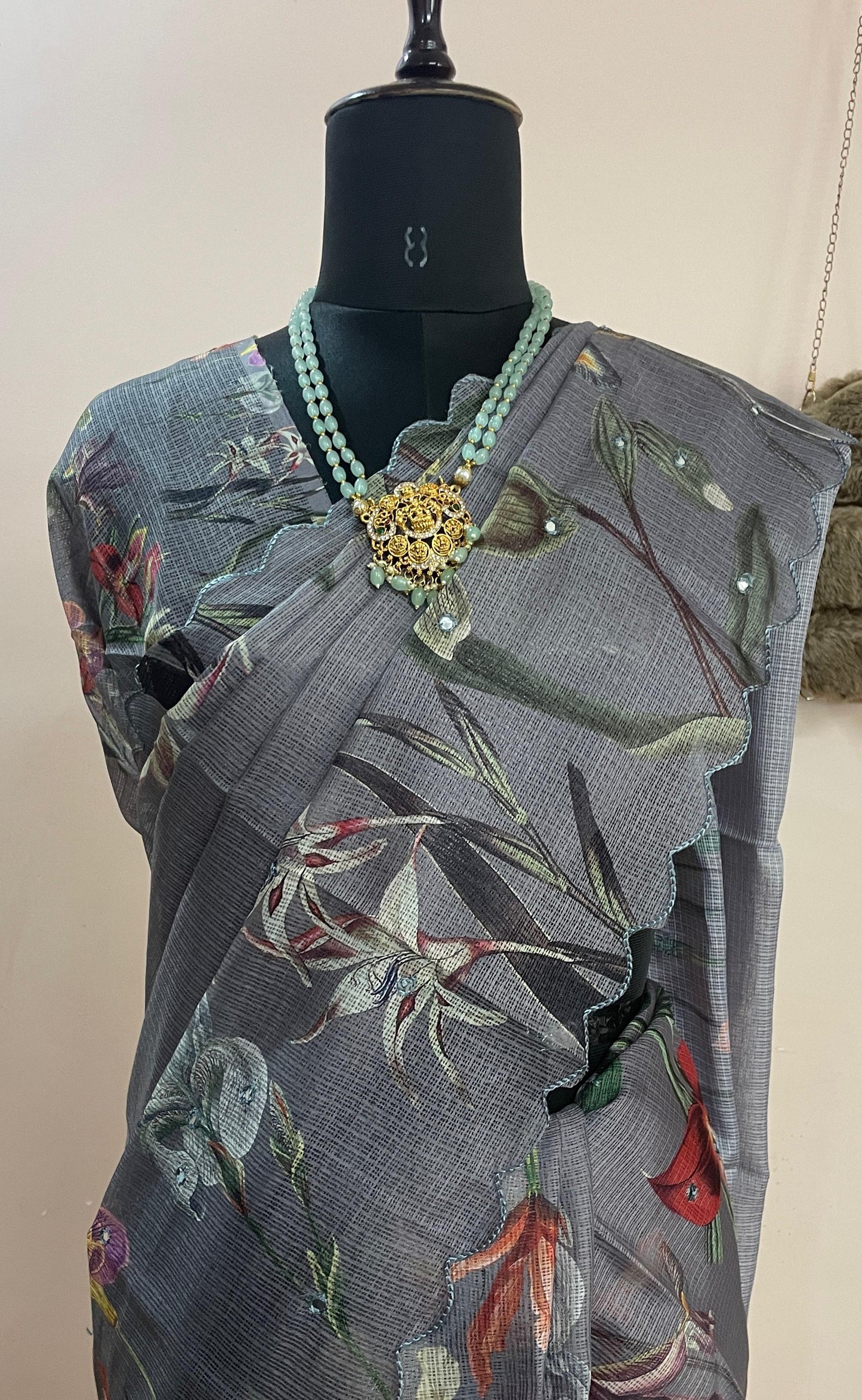 Elegant Grey Floral Printed Organza Saree with Scalloped Border