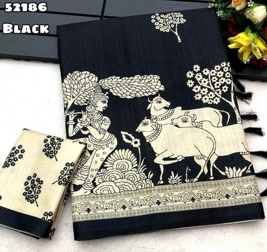 Black and White Ethnic Print Saree with Traditional Animal Motifs & Contrast Border – Elegant Festive Wear
