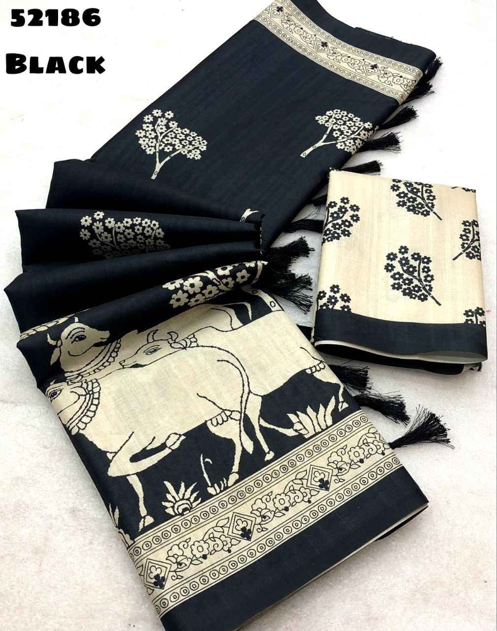 Black and White Ethnic Print Saree with Traditional Animal Motifs & Contrast Border – Elegant Festive Wear