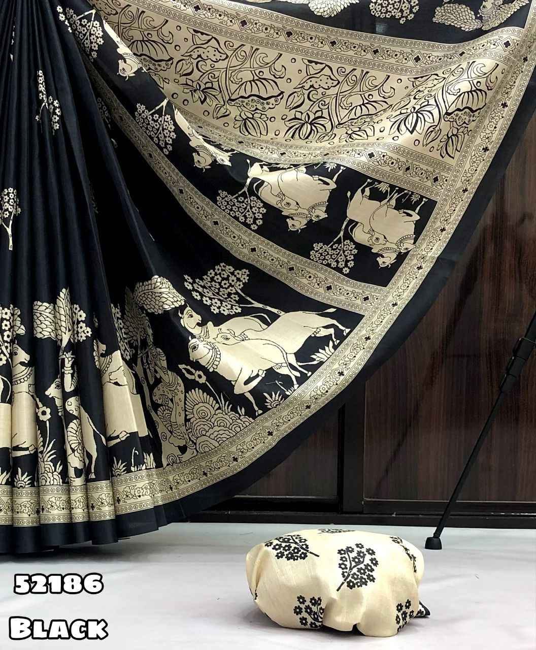 Black and White Ethnic Print Saree with Traditional Animal Motifs & Contrast Border – Elegant Festive Wear