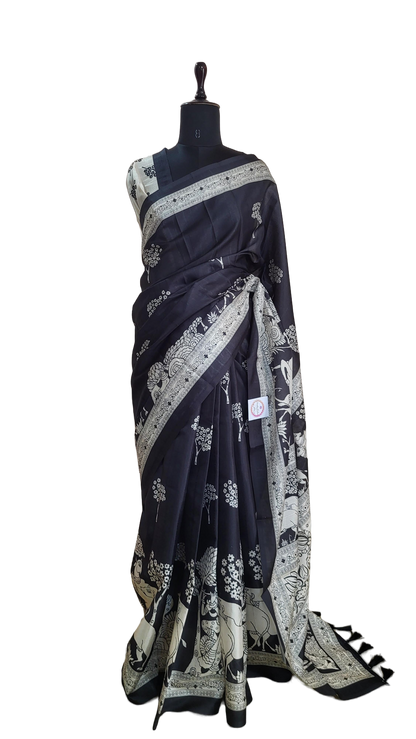 Black and White Ethnic Print Saree with Traditional Animal Motifs & Contrast Border – Elegant Festive Wear