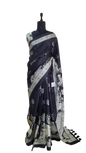 Black and White Ethnic Print Saree with Traditional Animal Motifs & Contrast Border – Elegant Festive Wear