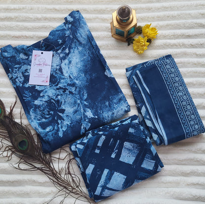 Elegant Indigo Blue Floral Cotton Suit Set with Dupatta