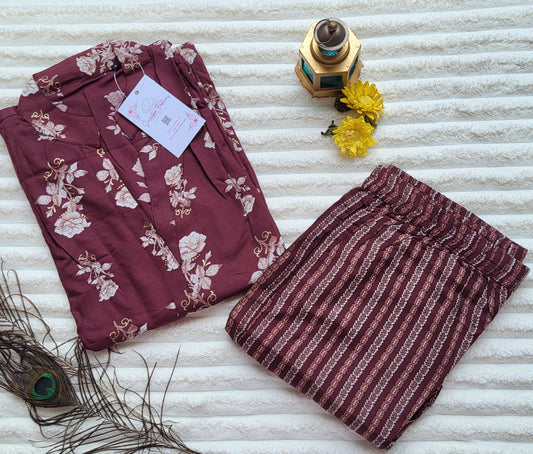 Maroon Floral Printed Straight Kurta with Striped bottom with pockets