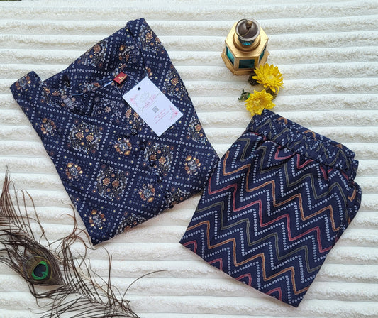 Navy Blue Printed Kurta with Chevron Print Pants