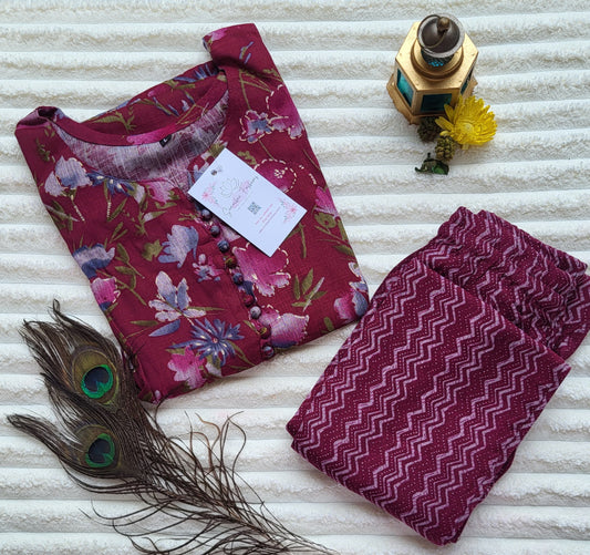 Maroon Floral Printed Kurta with Chevron Pants