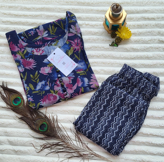 Navy Blue Floral Printed Kurta with Chevron Pants
