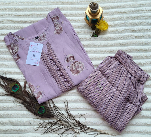 Lavender Floral Printed Cotton Kurta Set with Striped Pants