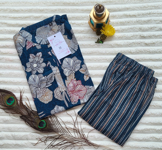 Navy Blue Floral Printed Cotton Kurta Set with Striped Pants
