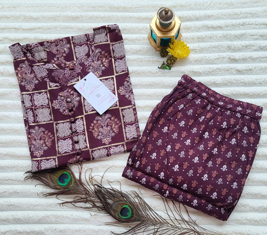 Maroon Block Print Kurta with Printed Pants