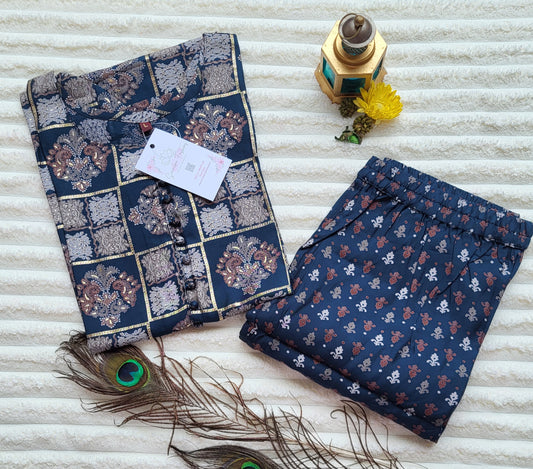 Navy Blue Block Print Kurta with Printed Pants
