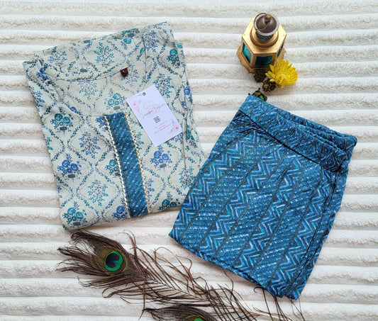 Light Green & Blue Block Print Cotton Kurta Set