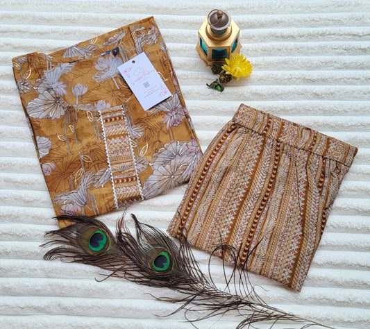 Mustard Lotus Print Kurta with Striped Ethnic Pants