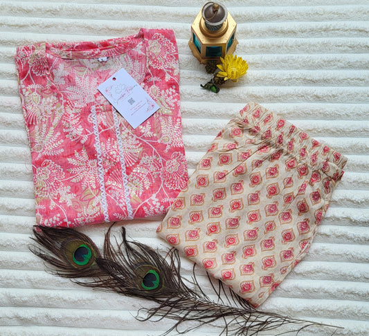 Pink Floral Printed Kurta with Beige Printed Pants