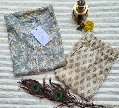 Elegant Grey Floral Printed Kurta with Beige Printed Pants