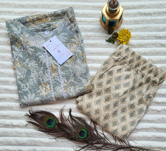 Elegant Grey Floral Printed Kurta with Beige Printed Pants
