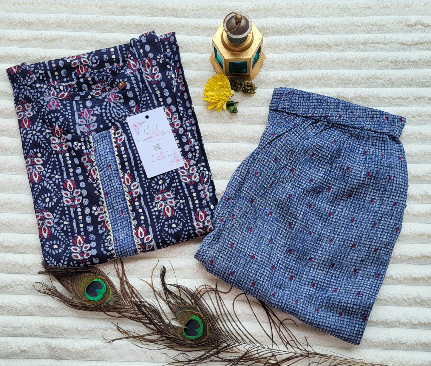 Navy Blue Printed Cotton Kurta Set