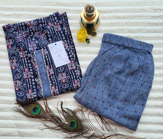 Navy Blue Printed Cotton Kurta Set