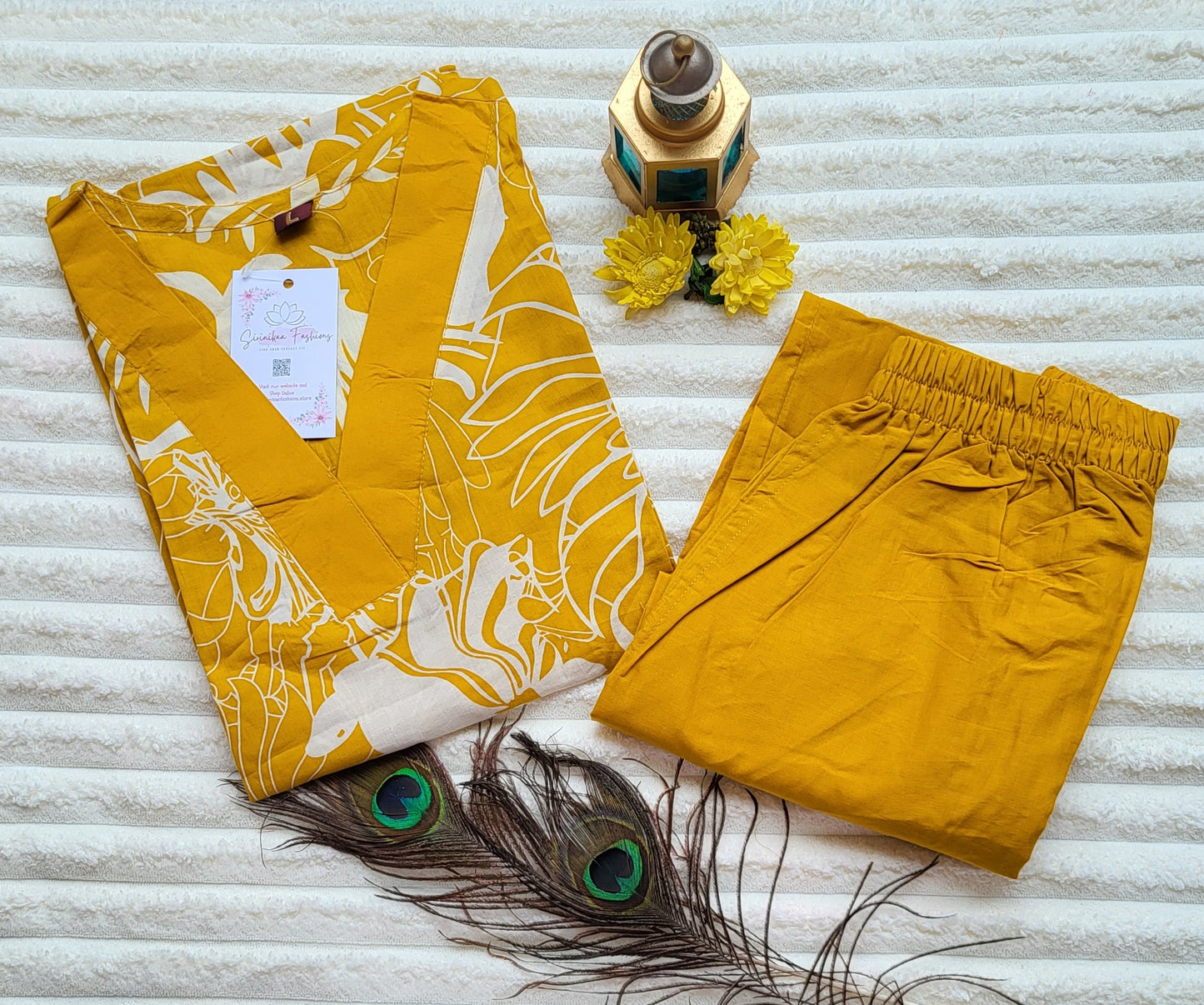 Mustard Yellow Floral Print Kurta with Solid Pants