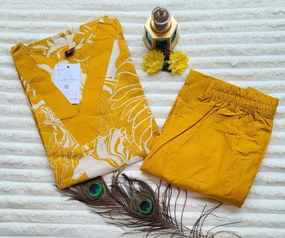 Mustard Yellow Floral Print Kurta with Solid Pants