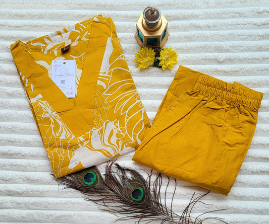 Mustard Yellow Floral Print Kurta with Solid Pants