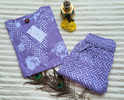 Lavender Floral Printed Kurta with Chevron Print Pants