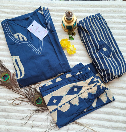 Navy Blue Handblock Printed Cotton Kurta Set with Dupatta