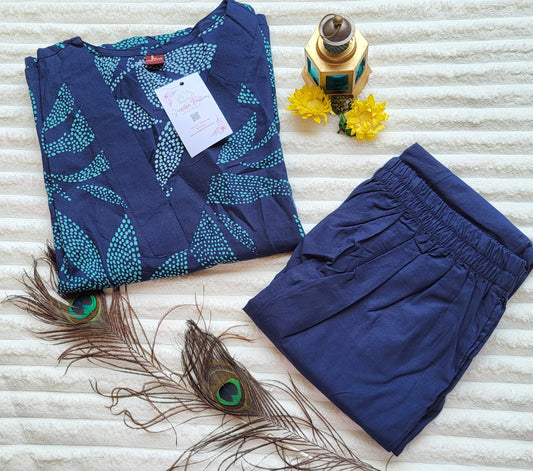 Navy Blue Leaf-Print Straight Kurta with V-Neckline & Matching Pants