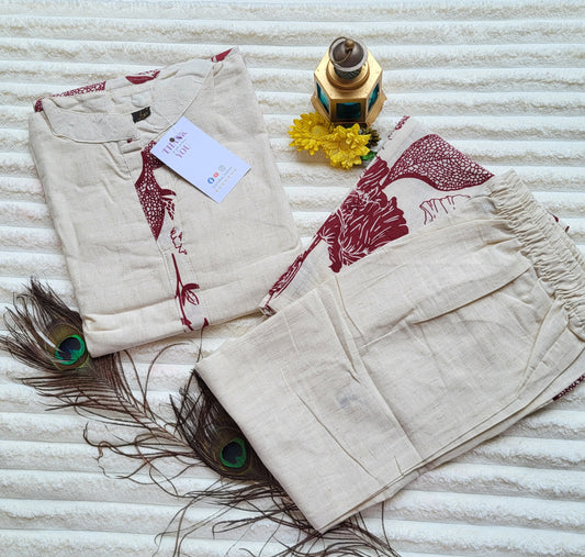 Ivory & Maroon Floral Printed Cotton Kurta Set