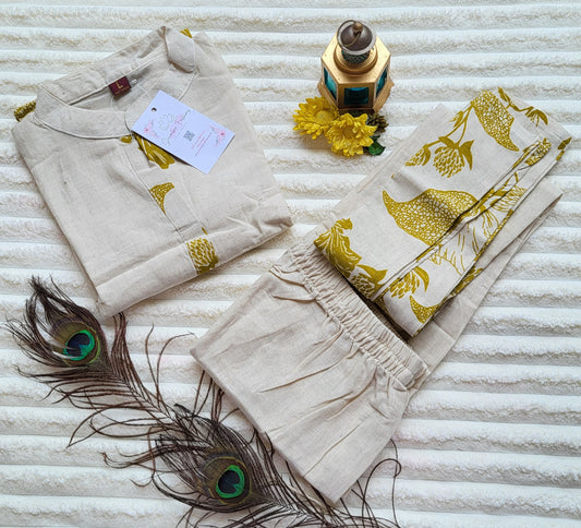 Ivory & Olive Green Floral Printed Cotton Kurta Set