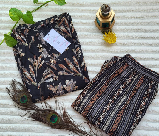 Black Leaf-Print Straight Kurta with Button-Down Neckline & Striped with pockets