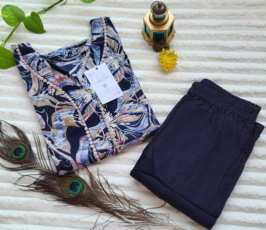 Navy Abstract Floral Printed Kurta with Solid Navy Blue Pants