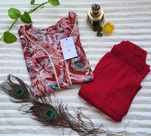 Maroon Abstract Floral Printed Kurta with Solid Red Pants