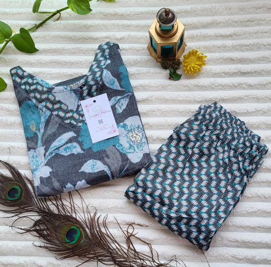 Grey & Teal Floral Printed Kurta with Geometric Print Pants