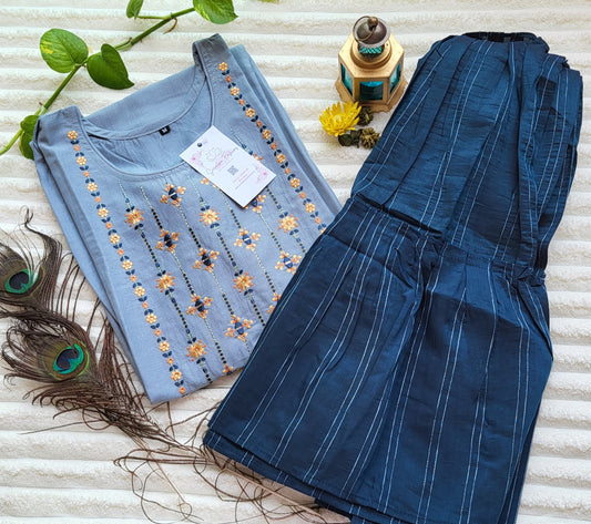 Dusty Blue Embroidered Kurta with Striped Palazzo Pants