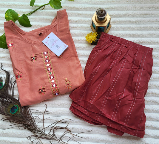 Peach Mirror-Work Embroidered Kurta with Maroon Striped Palazzo Pants