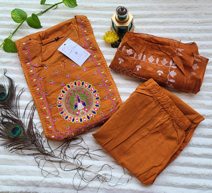 Mustard Brown Embroidered Peacock Kurta Set with Dupatta
