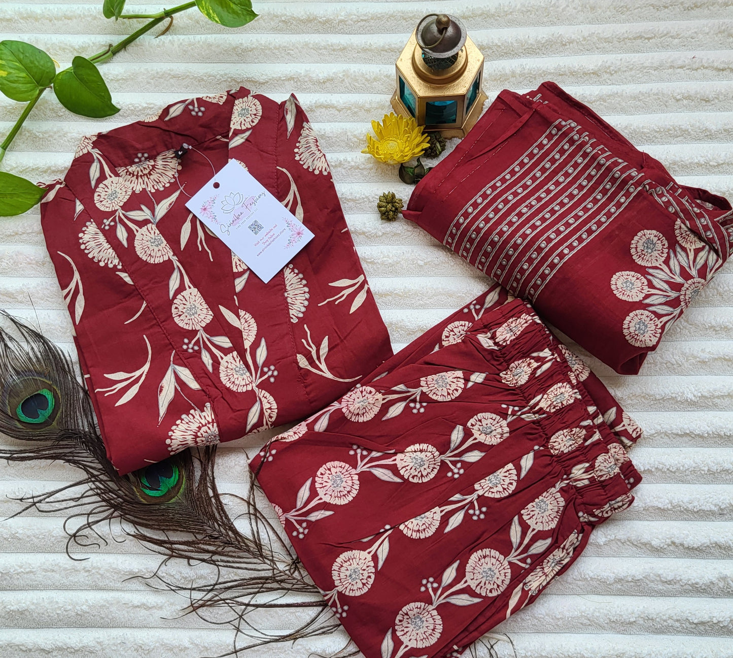 Maroon Floral Handblock Print Cotton Suit Set with Dupatta