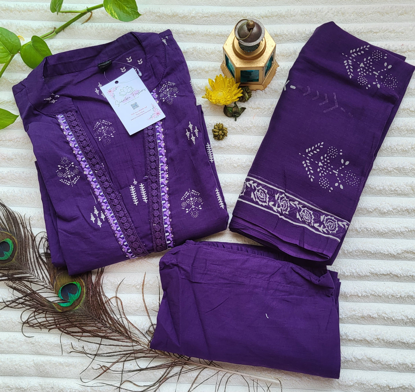 Purple Block Print Cotton Suit Set with Dupatta