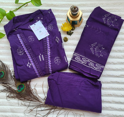 Purple Block Print Cotton Suit Set with Dupatta