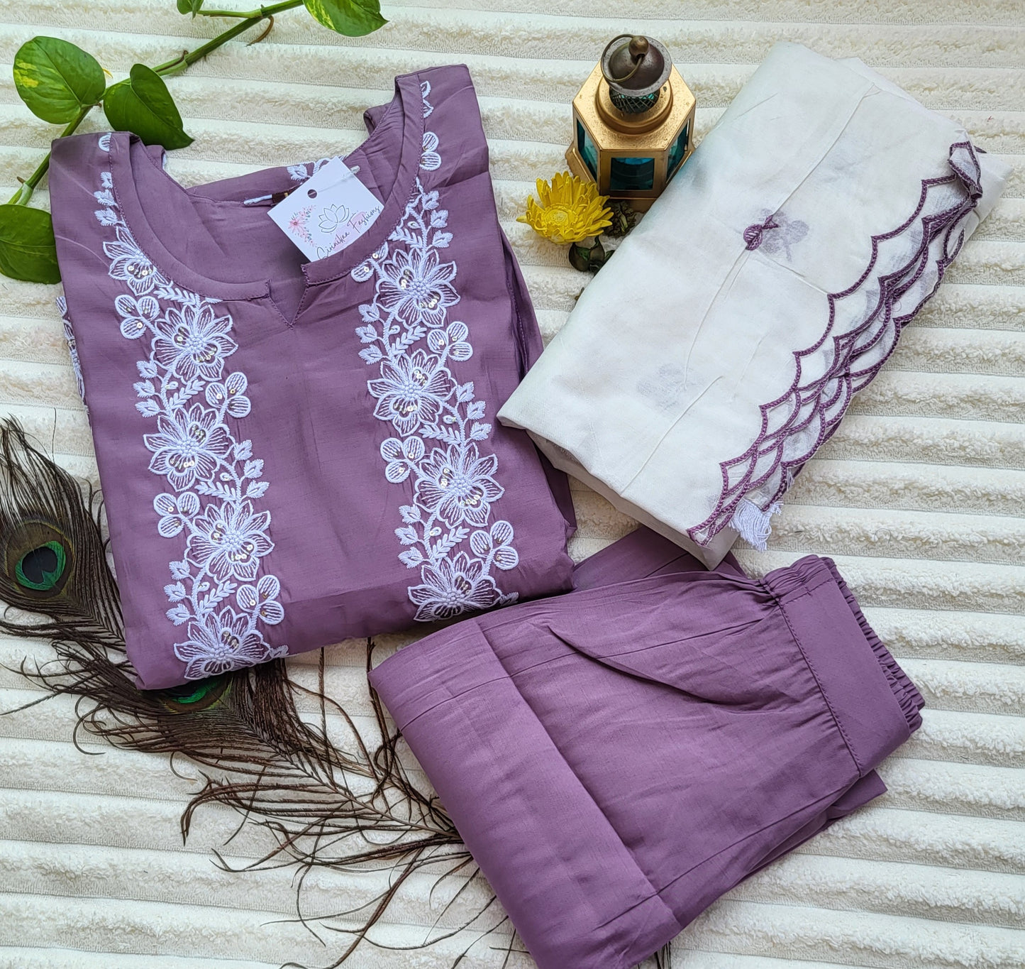 Lavender Embroidered Kurta Set with White Dupatta