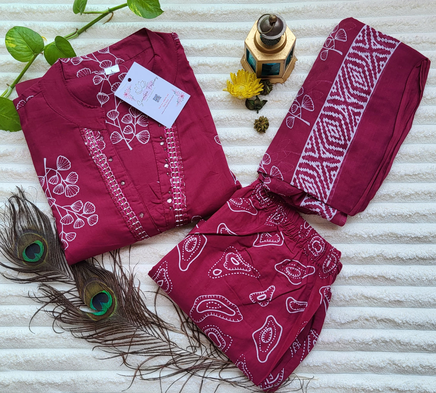 Stylish Maroon Printed Cotton Kurta with Matching Dupatta & Bottom