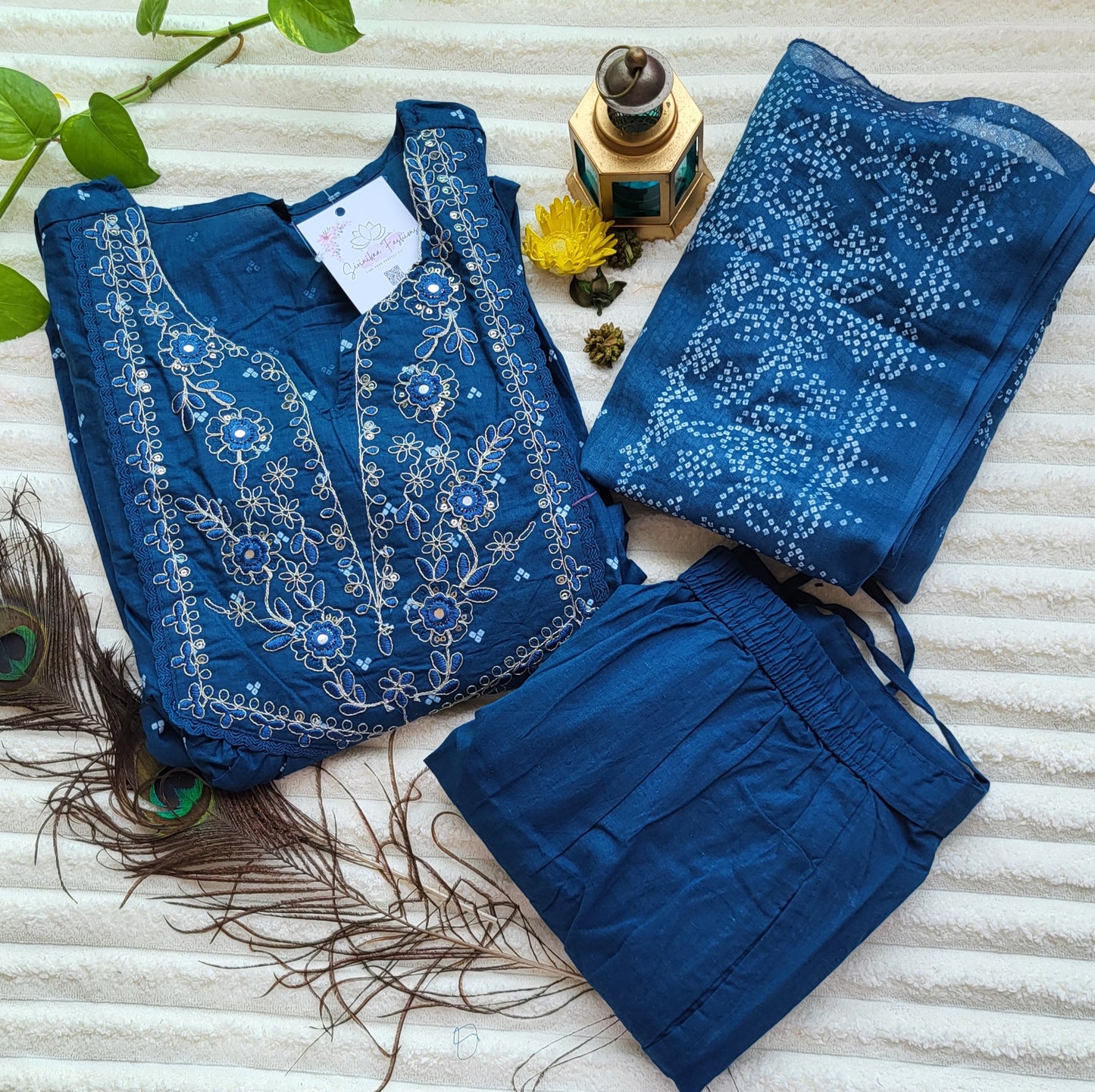 Navy Blue Embroidered Anarkali Cotton Suit Set with Dupatta