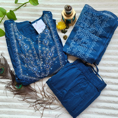 Navy Blue Embroidered Anarkali Cotton Suit Set with Dupatta